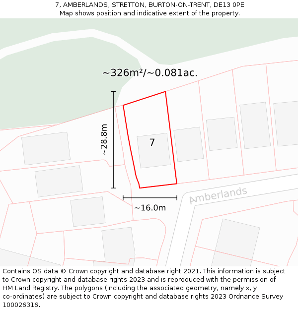 7, AMBERLANDS, STRETTON, BURTON-ON-TRENT, DE13 0PE: Plot and title map