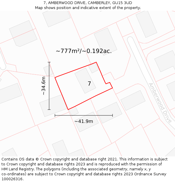 7, AMBERWOOD DRIVE, CAMBERLEY, GU15 3UD: Plot and title map