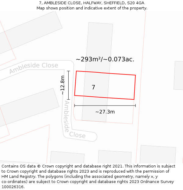7, AMBLESIDE CLOSE, HALFWAY, SHEFFIELD, S20 4GA: Plot and title map