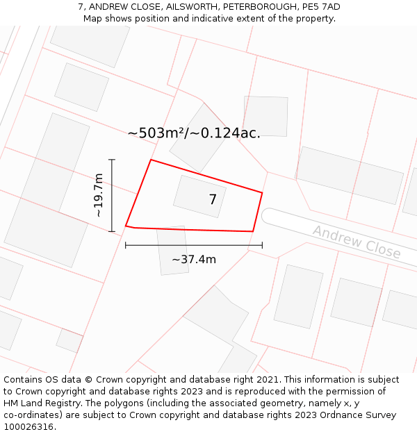 7, ANDREW CLOSE, AILSWORTH, PETERBOROUGH, PE5 7AD: Plot and title map