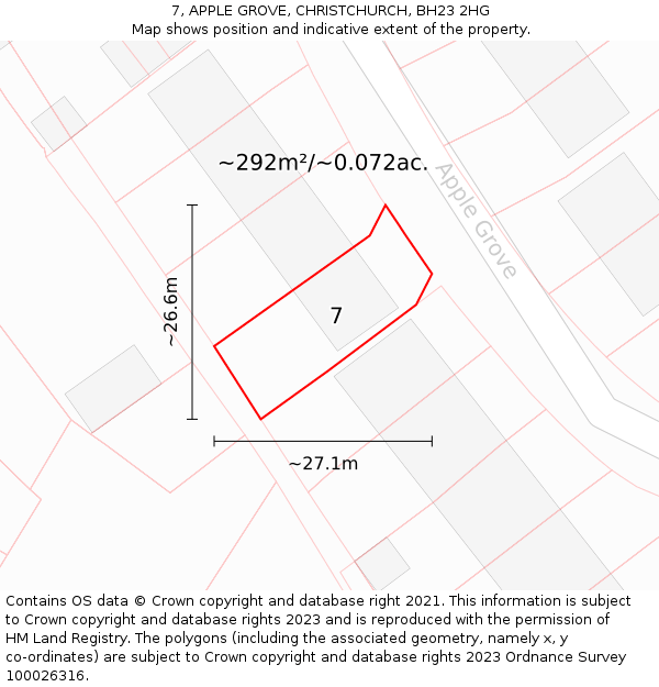 7, APPLE GROVE, CHRISTCHURCH, BH23 2HG: Plot and title map