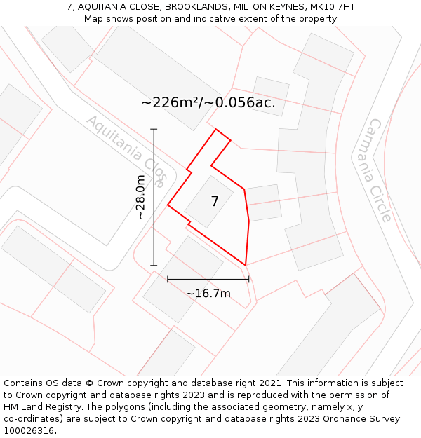 7, AQUITANIA CLOSE, BROOKLANDS, MILTON KEYNES, MK10 7HT: Plot and title map