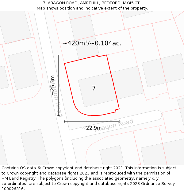 7, ARAGON ROAD, AMPTHILL, BEDFORD, MK45 2TL: Plot and title map