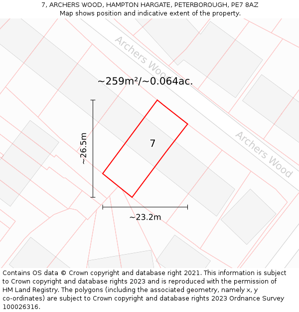 7, ARCHERS WOOD, HAMPTON HARGATE, PETERBOROUGH, PE7 8AZ: Plot and title map