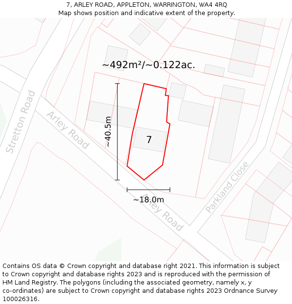 7, ARLEY ROAD, APPLETON, WARRINGTON, WA4 4RQ: Plot and title map