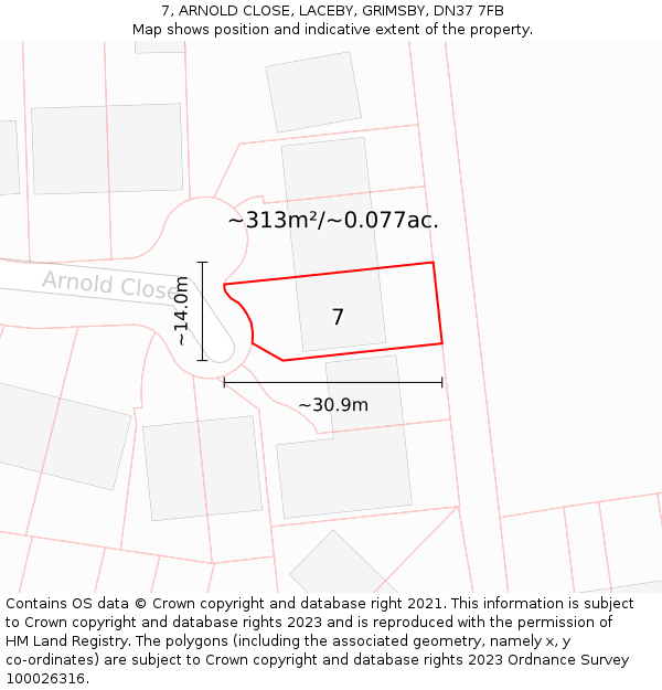 7, ARNOLD CLOSE, LACEBY, GRIMSBY, DN37 7FB: Plot and title map