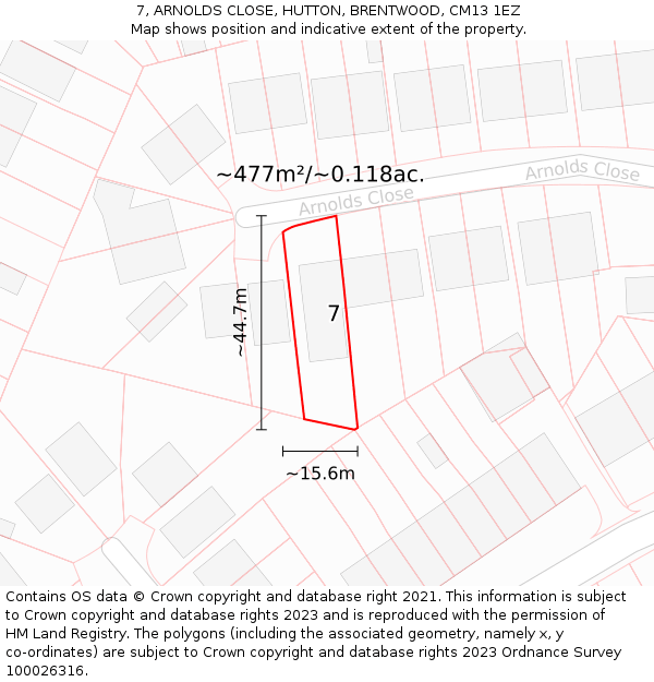 7, ARNOLDS CLOSE, HUTTON, BRENTWOOD, CM13 1EZ: Plot and title map