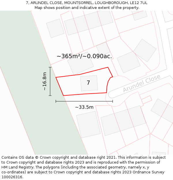 7, ARUNDEL CLOSE, MOUNTSORREL, LOUGHBOROUGH, LE12 7UL: Plot and title map