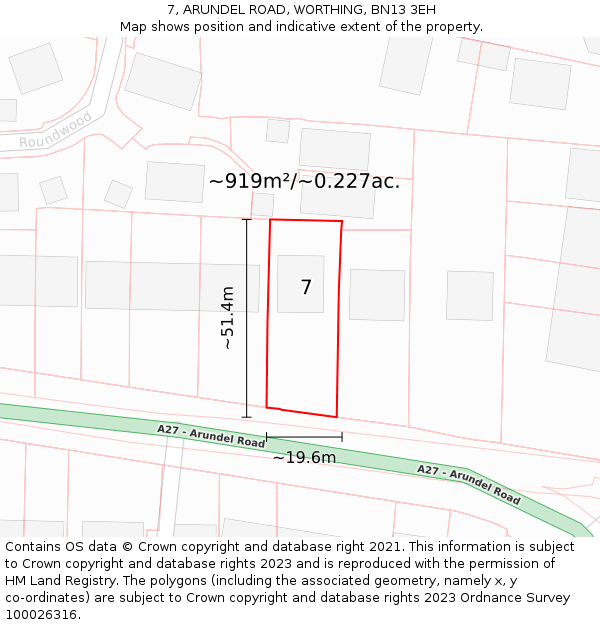 7, ARUNDEL ROAD, WORTHING, BN13 3EH: Plot and title map