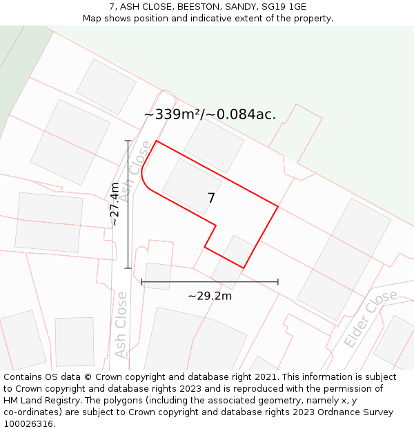 7, ASH CLOSE, BEESTON, SANDY, SG19 1GE: Plot and title map