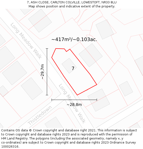 7, ASH CLOSE, CARLTON COLVILLE, LOWESTOFT, NR33 8LU: Plot and title map