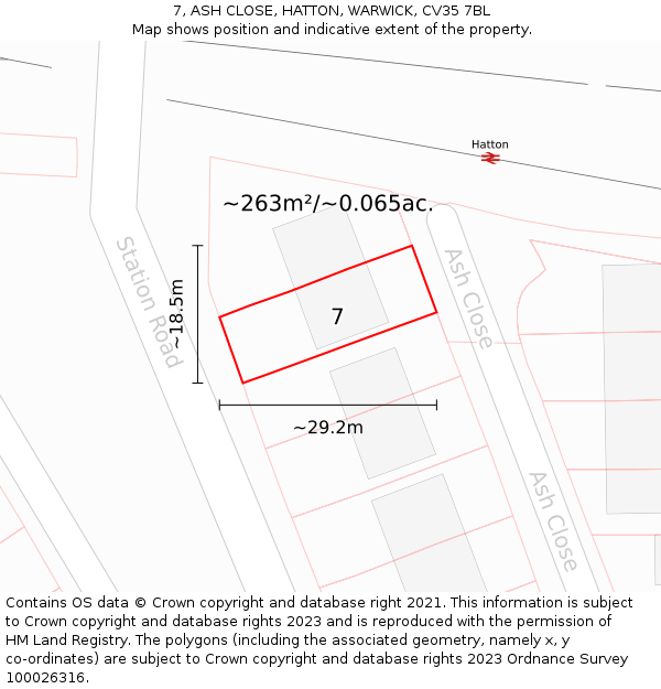 7, ASH CLOSE, HATTON, WARWICK, CV35 7BL: Plot and title map