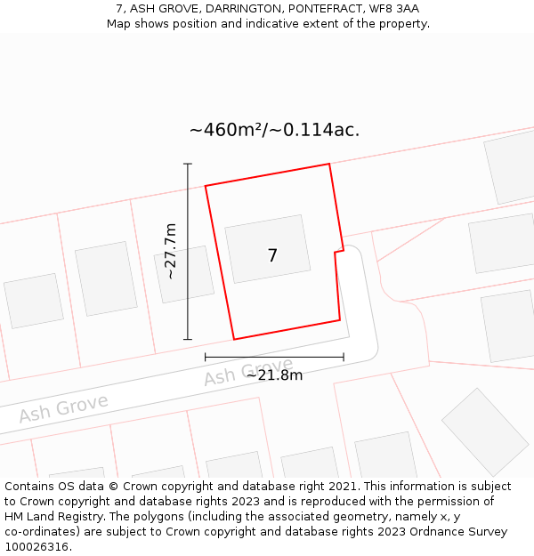 7, ASH GROVE, DARRINGTON, PONTEFRACT, WF8 3AA: Plot and title map