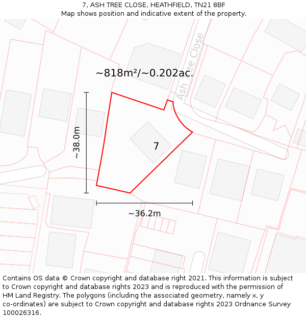 7, ASH TREE CLOSE, HEATHFIELD, TN21 8BF: Plot and title map