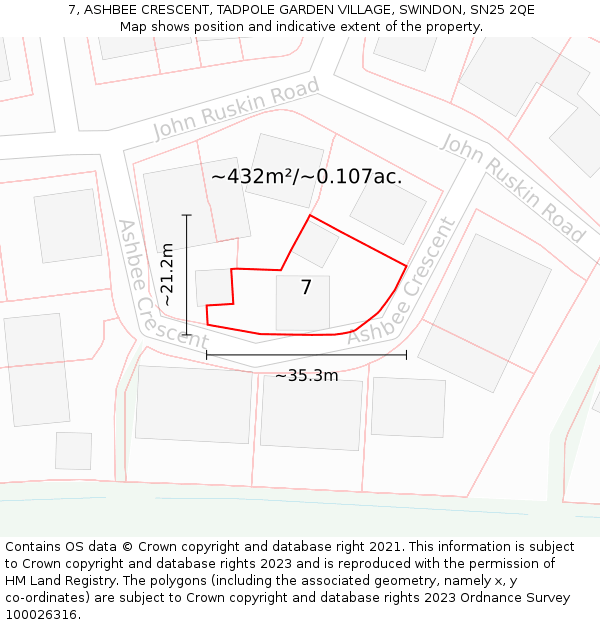 7, ASHBEE CRESCENT, TADPOLE GARDEN VILLAGE, SWINDON, SN25 2QE: Plot and title map