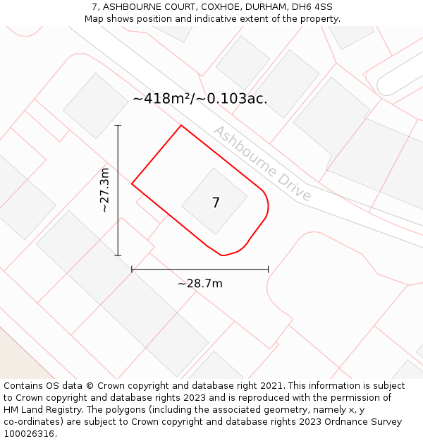7, ASHBOURNE COURT, COXHOE, DURHAM, DH6 4SS: Plot and title map