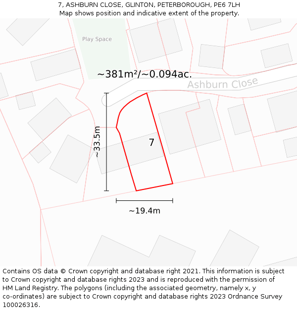 7, ASHBURN CLOSE, GLINTON, PETERBOROUGH, PE6 7LH: Plot and title map