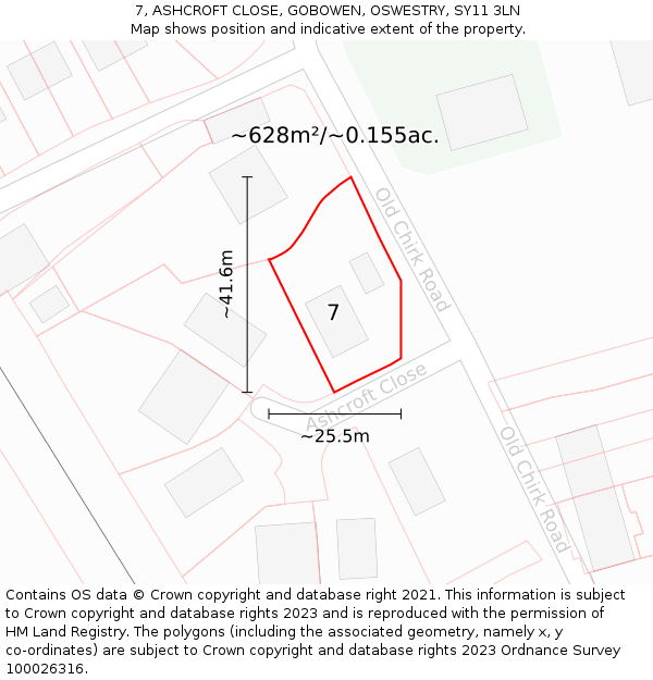 7, ASHCROFT CLOSE, GOBOWEN, OSWESTRY, SY11 3LN: Plot and title map