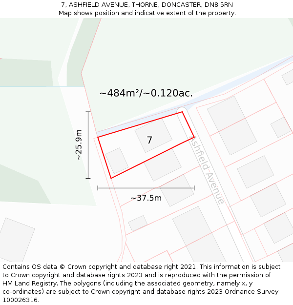 7, ASHFIELD AVENUE, THORNE, DONCASTER, DN8 5RN: Plot and title map