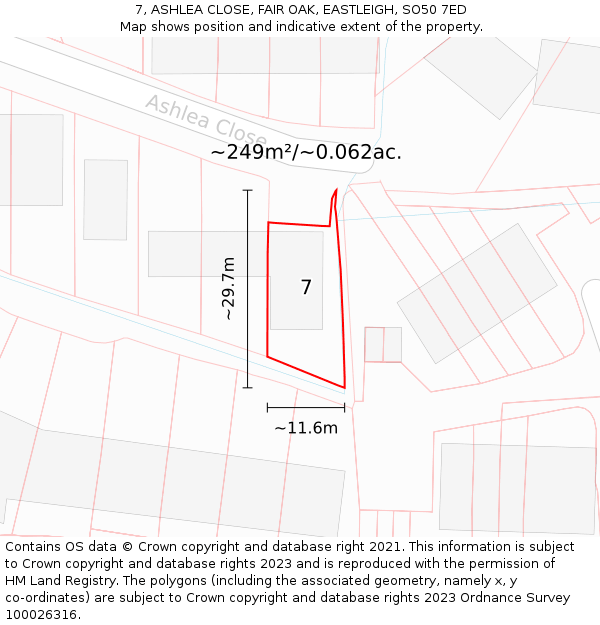 7, ASHLEA CLOSE, FAIR OAK, EASTLEIGH, SO50 7ED: Plot and title map