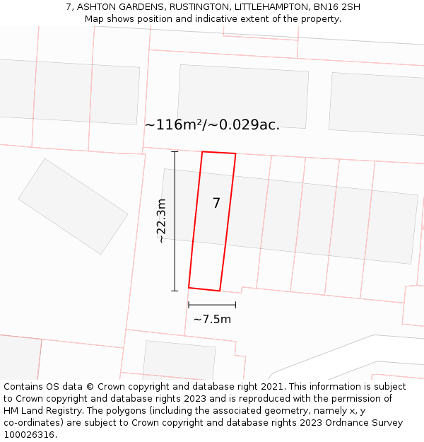 7, ASHTON GARDENS, RUSTINGTON, LITTLEHAMPTON, BN16 2SH: Plot and title map
