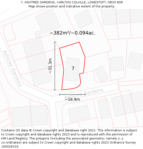7, ASHTREE GARDENS, CARLTON COLVILLE, LOWESTOFT, NR33 8SR: Plot and title map