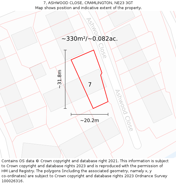 7, ASHWOOD CLOSE, CRAMLINGTON, NE23 3GT: Plot and title map