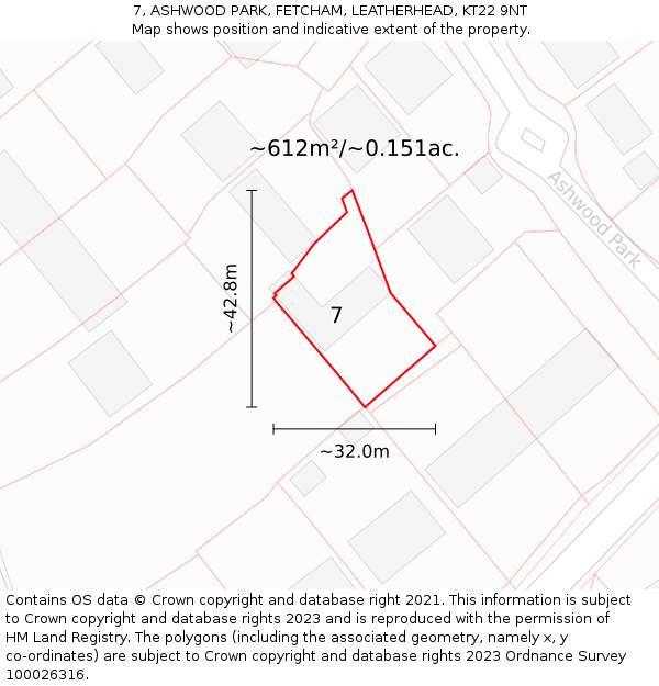 7, ASHWOOD PARK, FETCHAM, LEATHERHEAD, KT22 9NT: Plot and title map