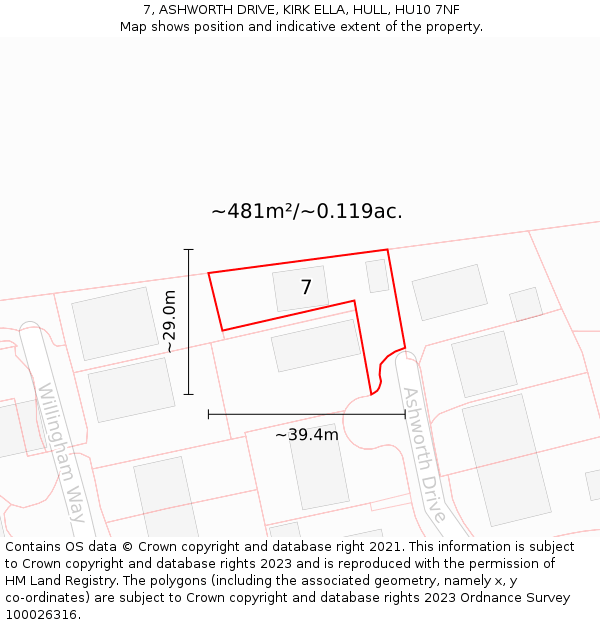7, ASHWORTH DRIVE, KIRK ELLA, HULL, HU10 7NF: Plot and title map