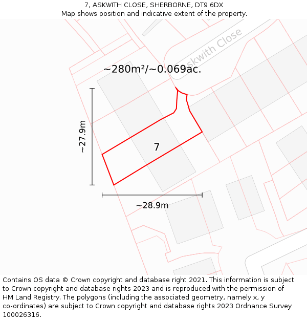 7, ASKWITH CLOSE, SHERBORNE, DT9 6DX: Plot and title map