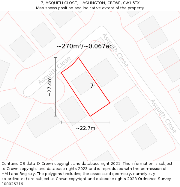 7, ASQUITH CLOSE, HASLINGTON, CREWE, CW1 5TX: Plot and title map