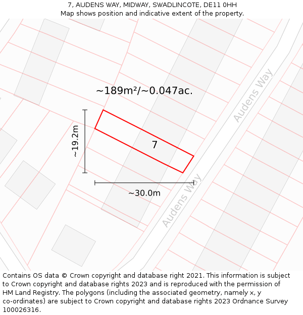 7, AUDENS WAY, MIDWAY, SWADLINCOTE, DE11 0HH: Plot and title map