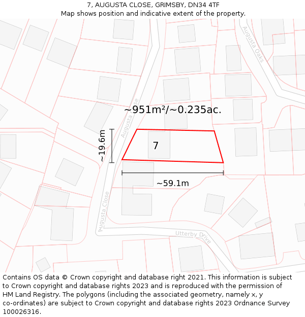 7, AUGUSTA CLOSE, GRIMSBY, DN34 4TF: Plot and title map