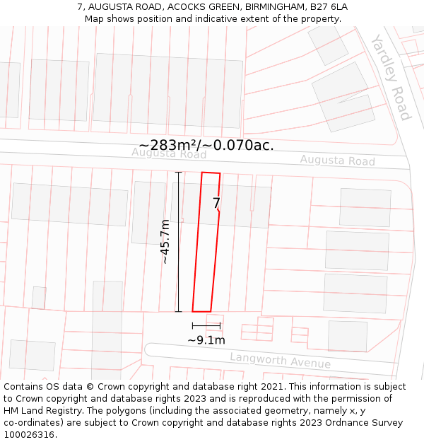 7, AUGUSTA ROAD, ACOCKS GREEN, BIRMINGHAM, B27 6LA: Plot and title map