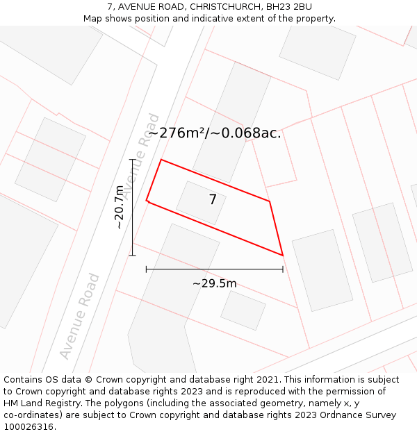 7, AVENUE ROAD, CHRISTCHURCH, BH23 2BU: Plot and title map