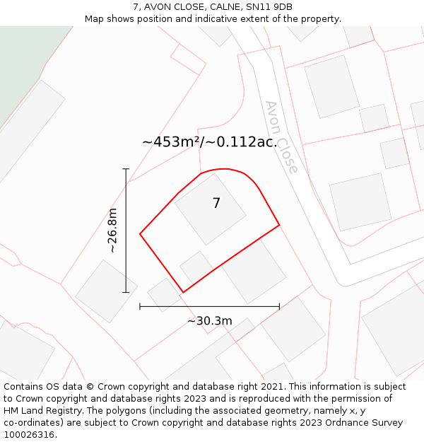 7, AVON CLOSE, CALNE, SN11 9DB: Plot and title map