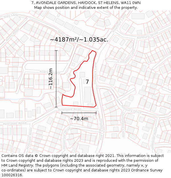 7, AVONDALE GARDENS, HAYDOCK, ST HELENS, WA11 0WN: Plot and title map
