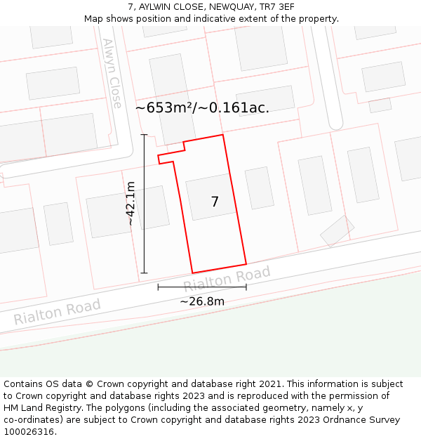 7, AYLWIN CLOSE, NEWQUAY, TR7 3EF: Plot and title map