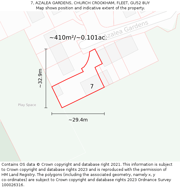 7, AZALEA GARDENS, CHURCH CROOKHAM, FLEET, GU52 8UY: Plot and title map
