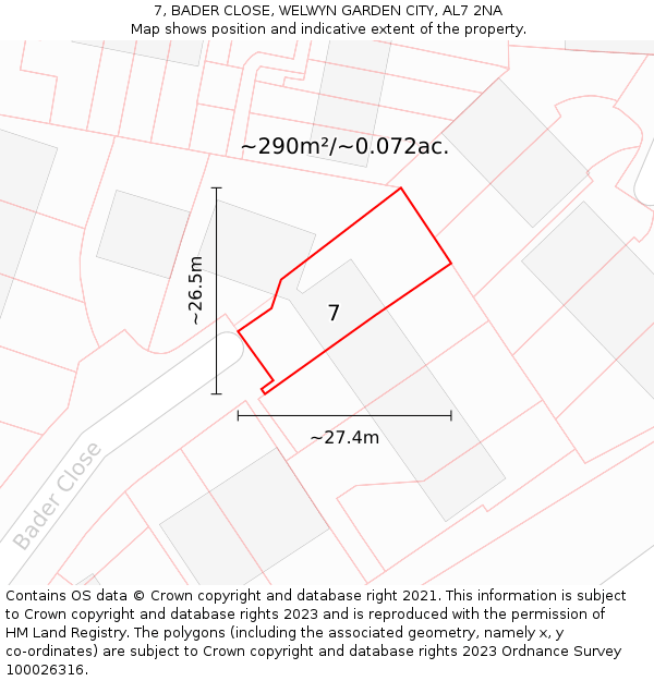 7, BADER CLOSE, WELWYN GARDEN CITY, AL7 2NA: Plot and title map