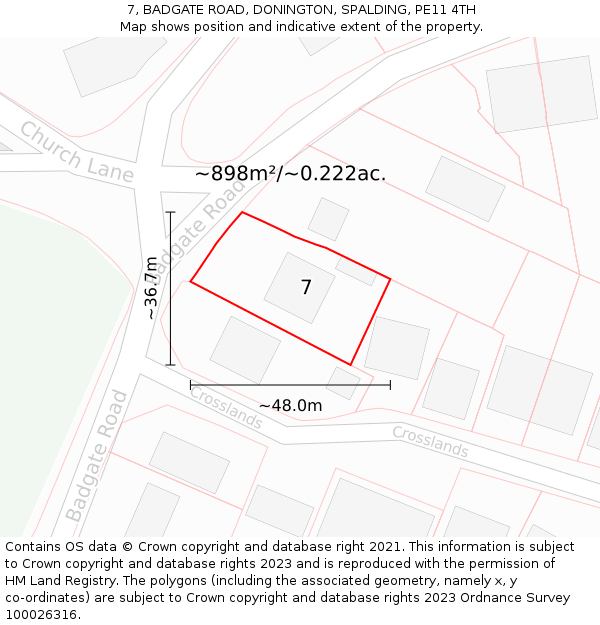 7, BADGATE ROAD, DONINGTON, SPALDING, PE11 4TH: Plot and title map