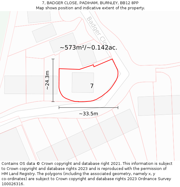 7, BADGER CLOSE, PADIHAM, BURNLEY, BB12 8PP: Plot and title map