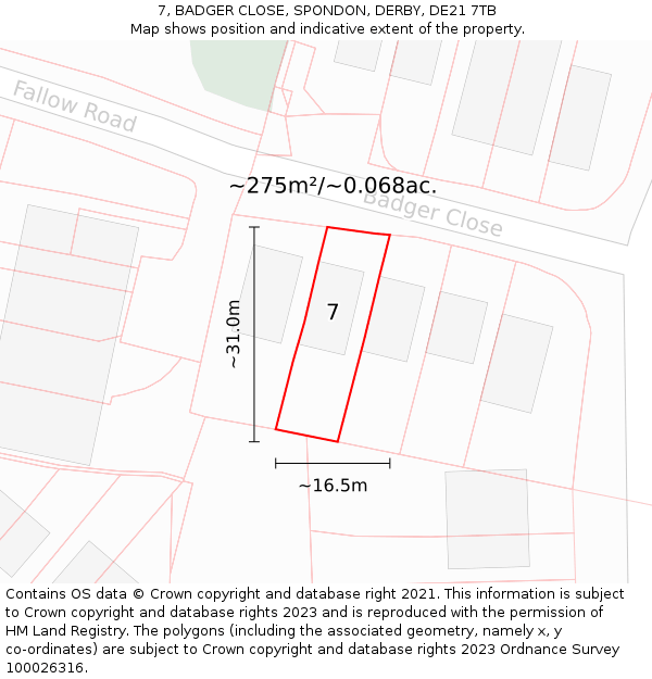7, BADGER CLOSE, SPONDON, DERBY, DE21 7TB: Plot and title map