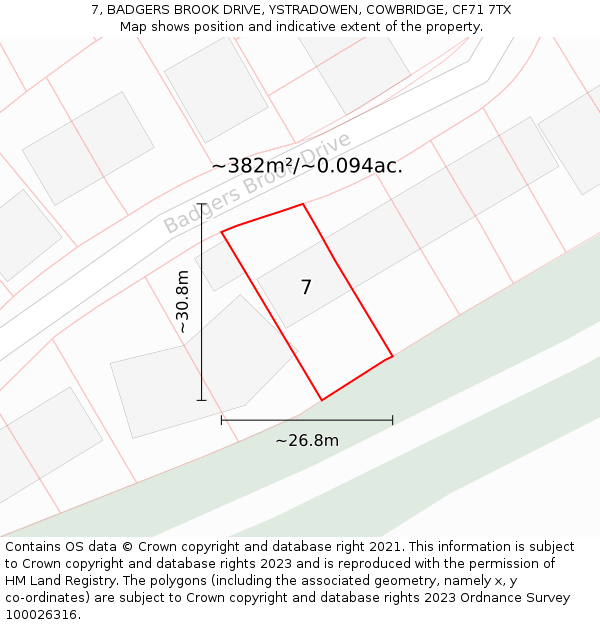 7, BADGERS BROOK DRIVE, YSTRADOWEN, COWBRIDGE, CF71 7TX: Plot and title map