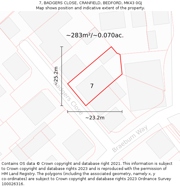 7, BADGERS CLOSE, CRANFIELD, BEDFORD, MK43 0GJ: Plot and title map