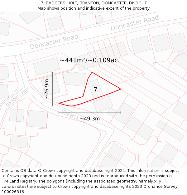 7, BADGERS HOLT, BRANTON, DONCASTER, DN3 3UT: Plot and title map