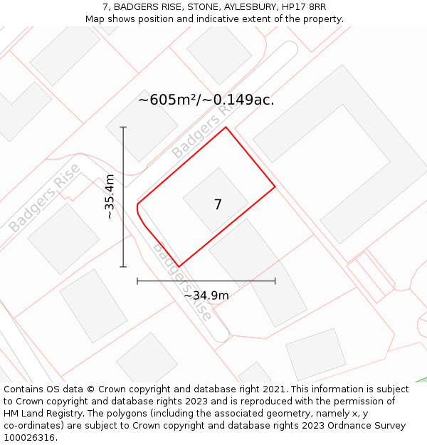 7, BADGERS RISE, STONE, AYLESBURY, HP17 8RR: Plot and title map