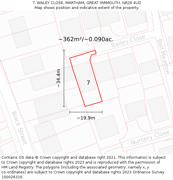 7, BAILEY CLOSE, MARTHAM, GREAT YARMOUTH, NR29 4UD: Plot and title map
