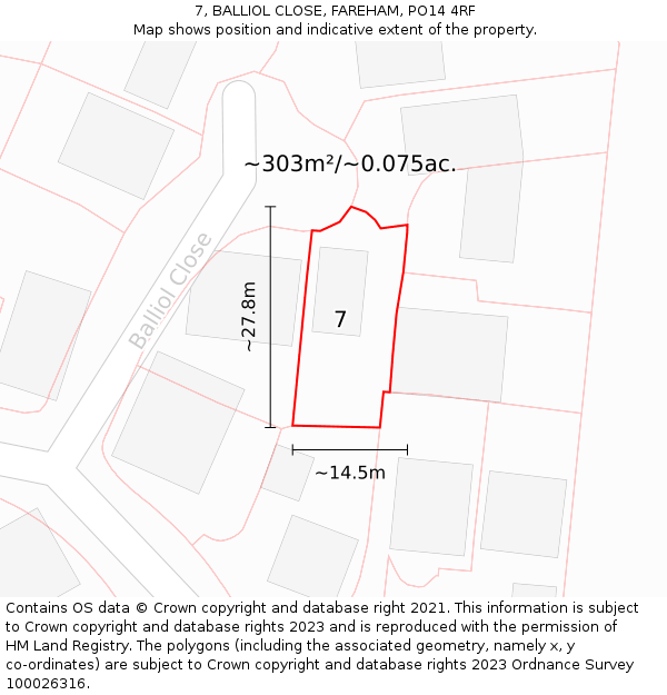 7, BALLIOL CLOSE, FAREHAM, PO14 4RF: Plot and title map