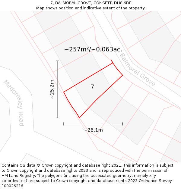 7, BALMORAL GROVE, CONSETT, DH8 6DE: Plot and title map